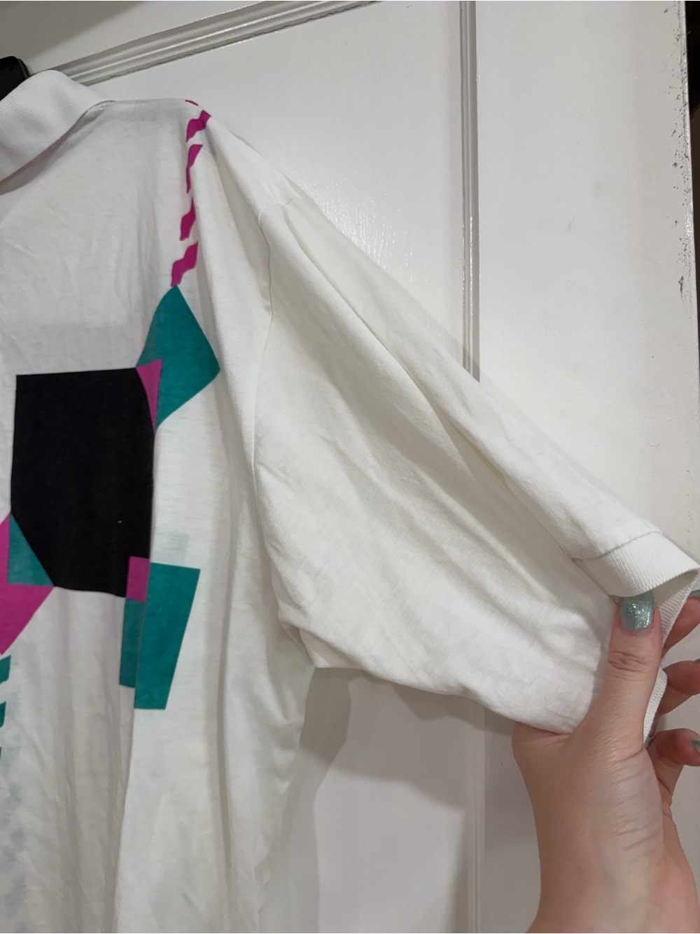 Van Heusen White Polo with Teal, Magenta & Black Geometric Print - Picture 8 of 8